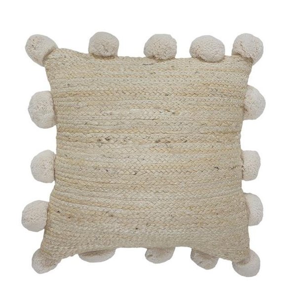 Lr Home LR Home PILLO07642NATFFPL Natural Jute Square Throw Pillow with Pom Poms Border - 20 x 20 in. PILLO07642NATFFPL